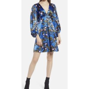 Vero Moda Long Sleeve Floral Satin Dress Blue Size S